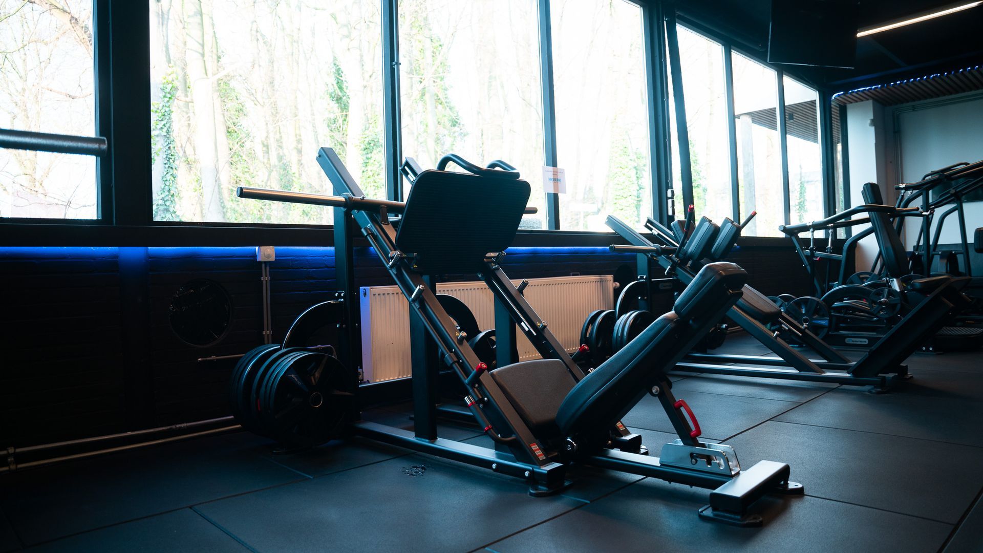 Empty gym with rows of black exercise machines by large windows and blue neon lighting