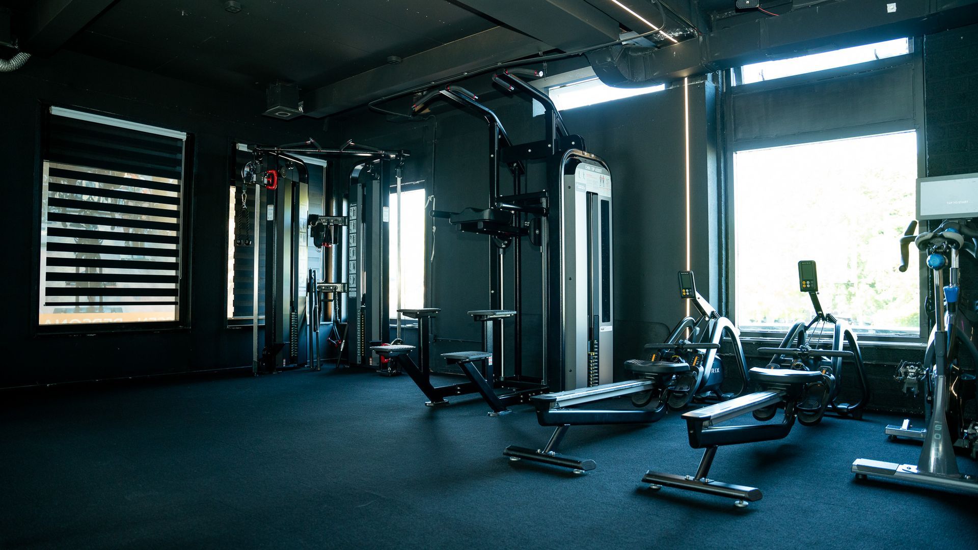 Empty modern gym with weight machines, benches, and blue carpet under large windows