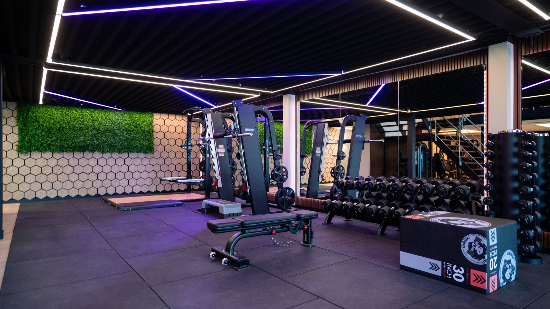 Modern gym with weight racks, benches, and neon strip lighting under a geometric ceiling