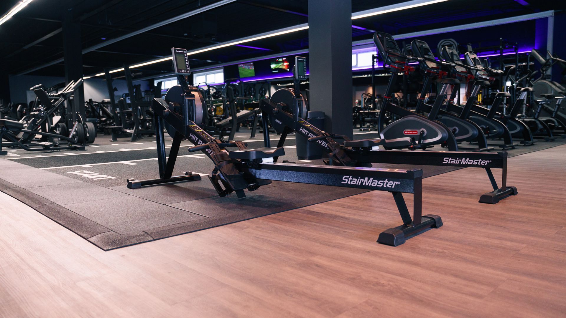 Rowing machines in a modern gym with purple accent lighting and mirrored walls
