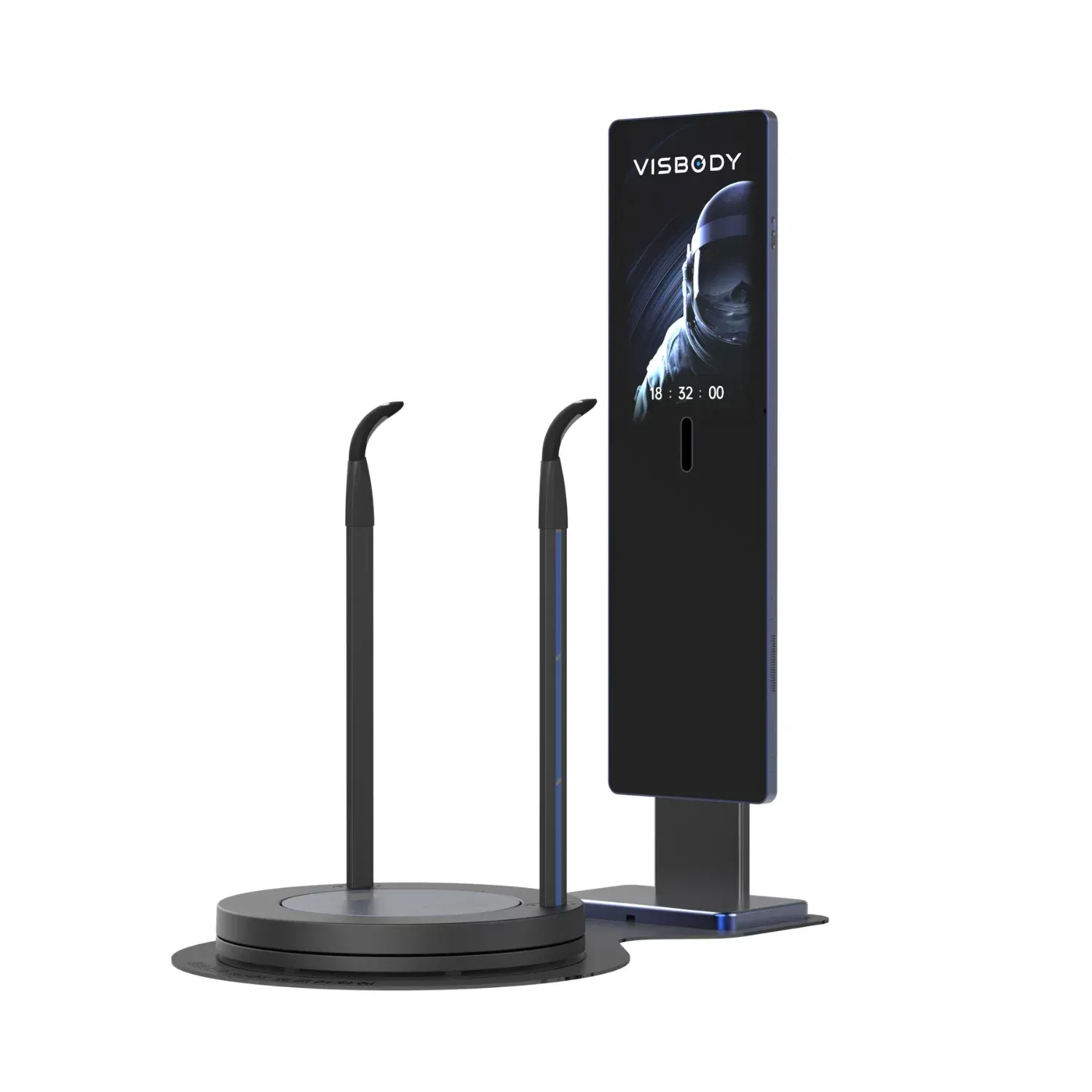 Black VR charging dock with two curved stands and a tall display stand on a white background