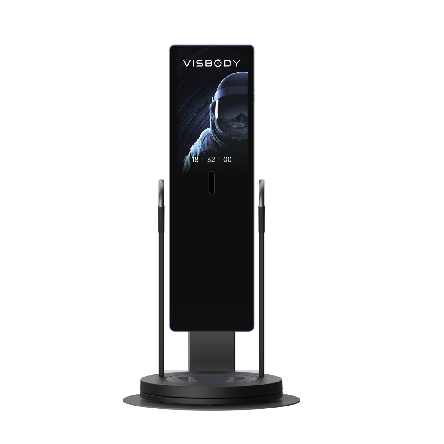 Black self-service kiosk with a sci-fi character display and side rails on a round base