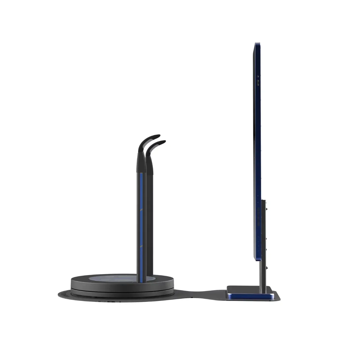 Two black-and-blue robotic vacuum cleaners, one docked on a round base and one upright on a charging stand