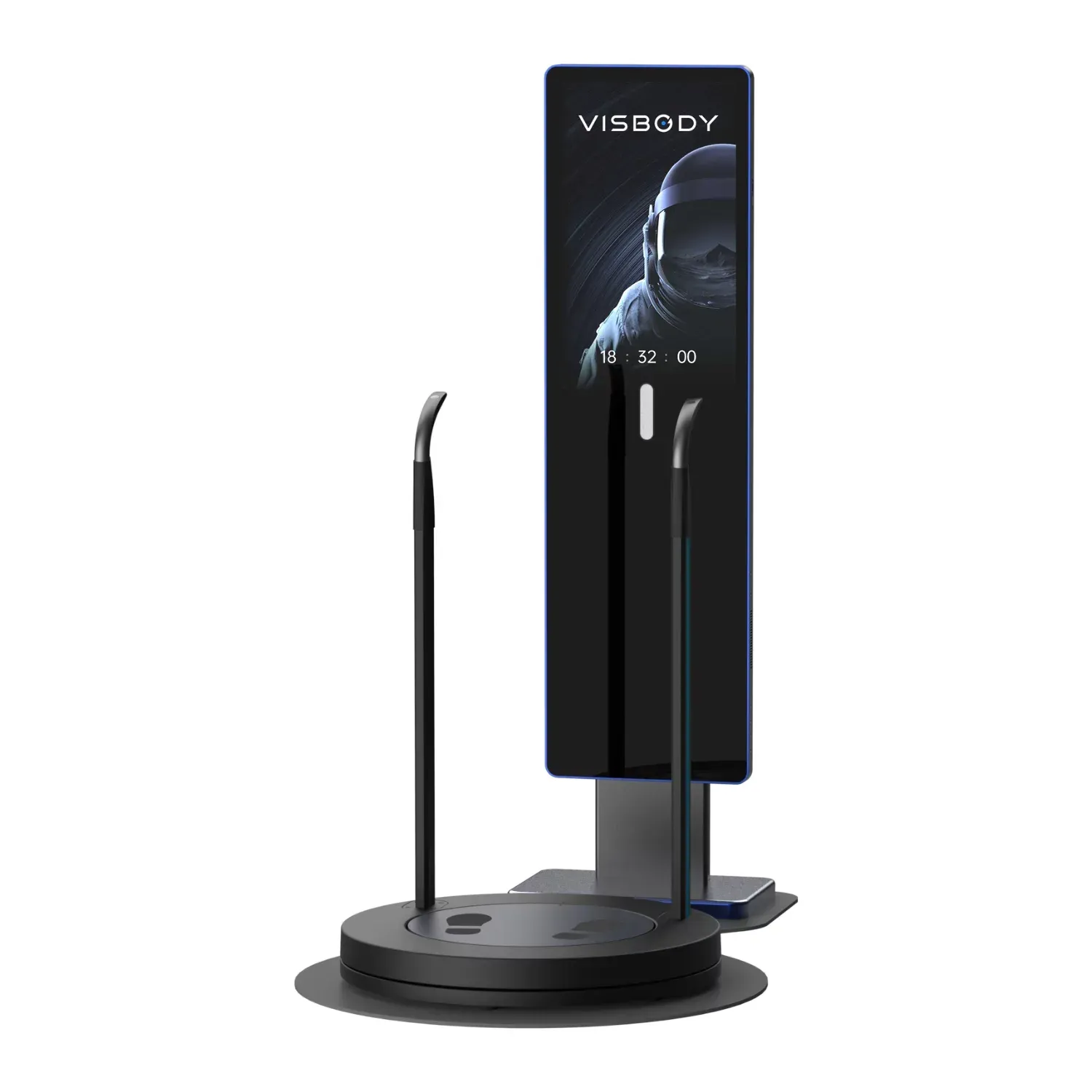 Black self-service kiosk with touchscreen, card reader, and speaker on a round base, next to a tall display panel