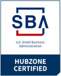 SBA Hubzone Certified logo: Blue and white with SBA letters, a red bar, and text 