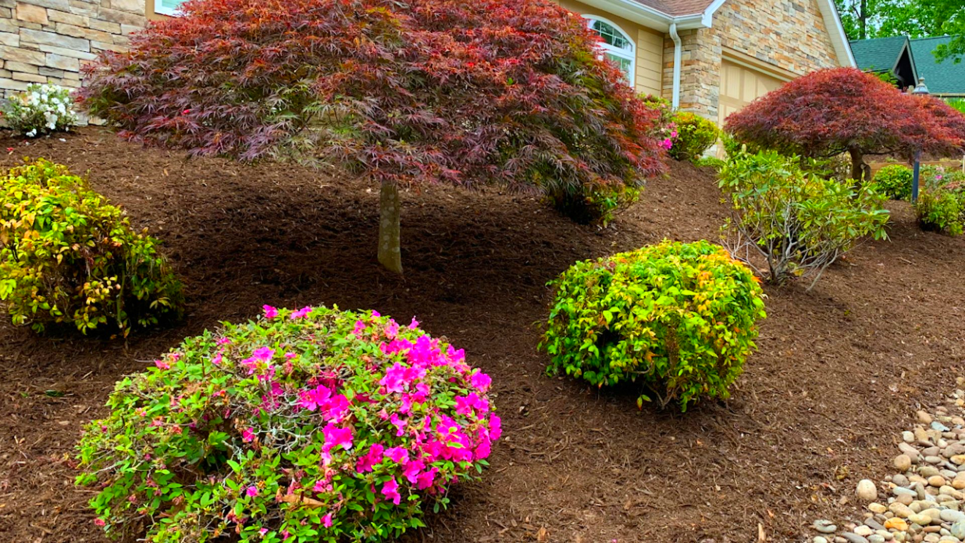 sloping landscaping with decorative bushes