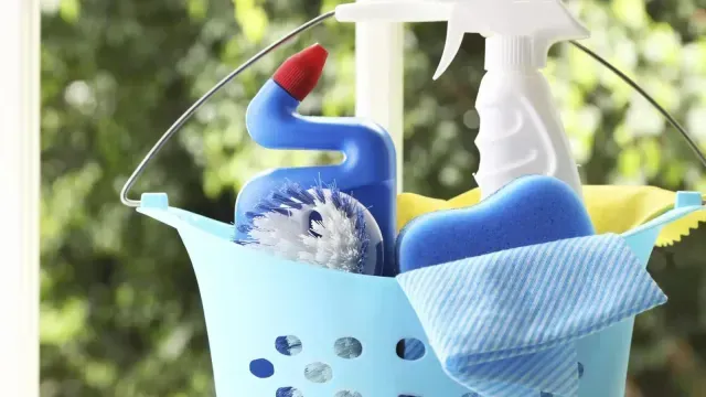 Un balde azul lleno de productos de limpieza y una botella con atomizador.