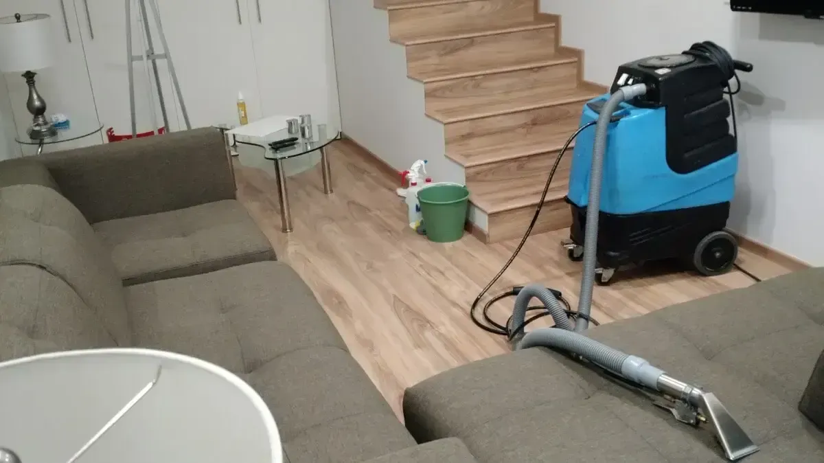 Hay una aspiradora en una sala de estar junto a un sofá.