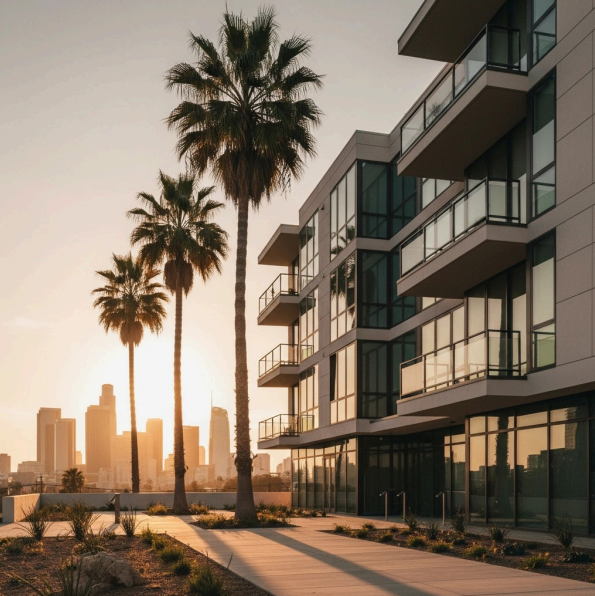 Modern building with glass balconies, palm trees, and city skyline at sunset.