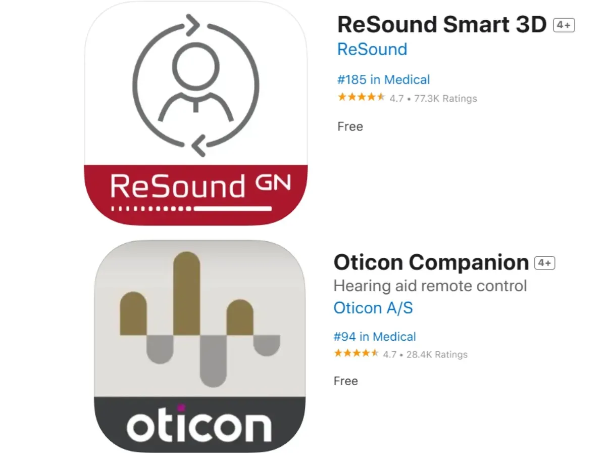 Mobile app icons for ReSound and Oticon hearing aids.