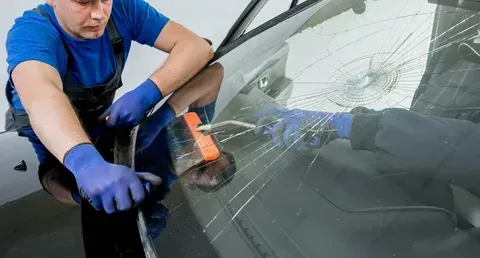 A man is fixing a broken windshield on a car.