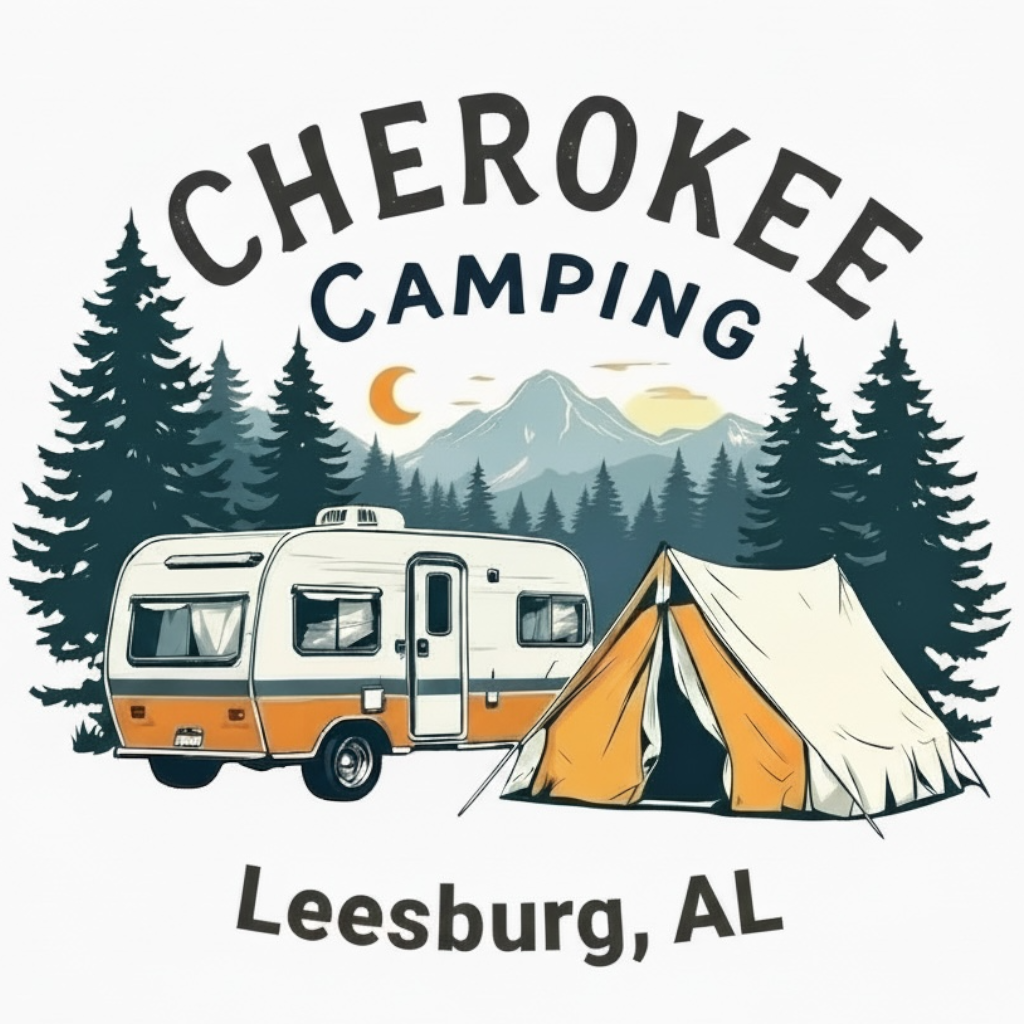 Cherokee Camping logo with RV, tent, pine trees, mountains, and Leesburg, AL text