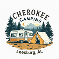 Cherokee Camping logo with RV and tent among pine trees, Leesburg, AL