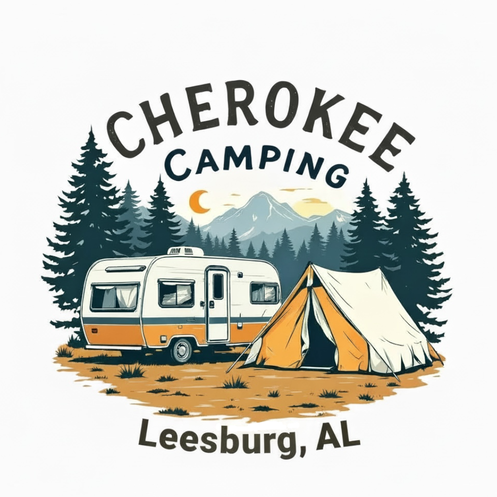 Cherokee Camping logo with RV and tent among pine trees, Leesburg, AL