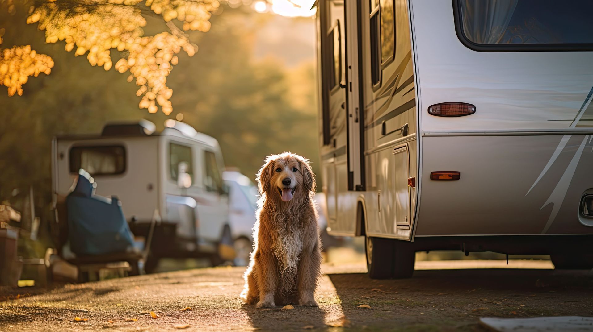 Small dog sitting on a campsite road between white RVs in warm, golden sunlight