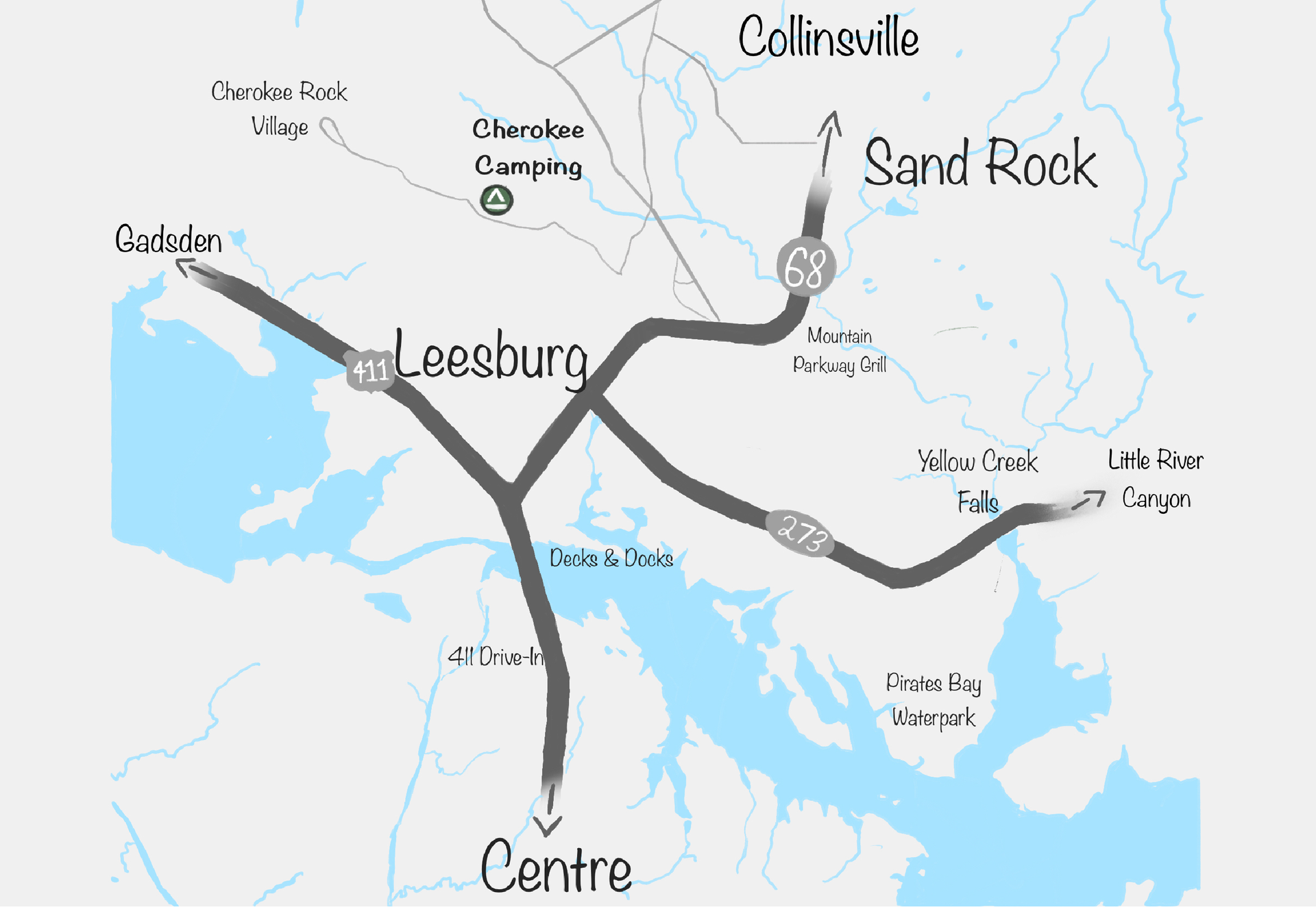 Map of roads around Leesburg, Sand Rock, and Centre near a lake.