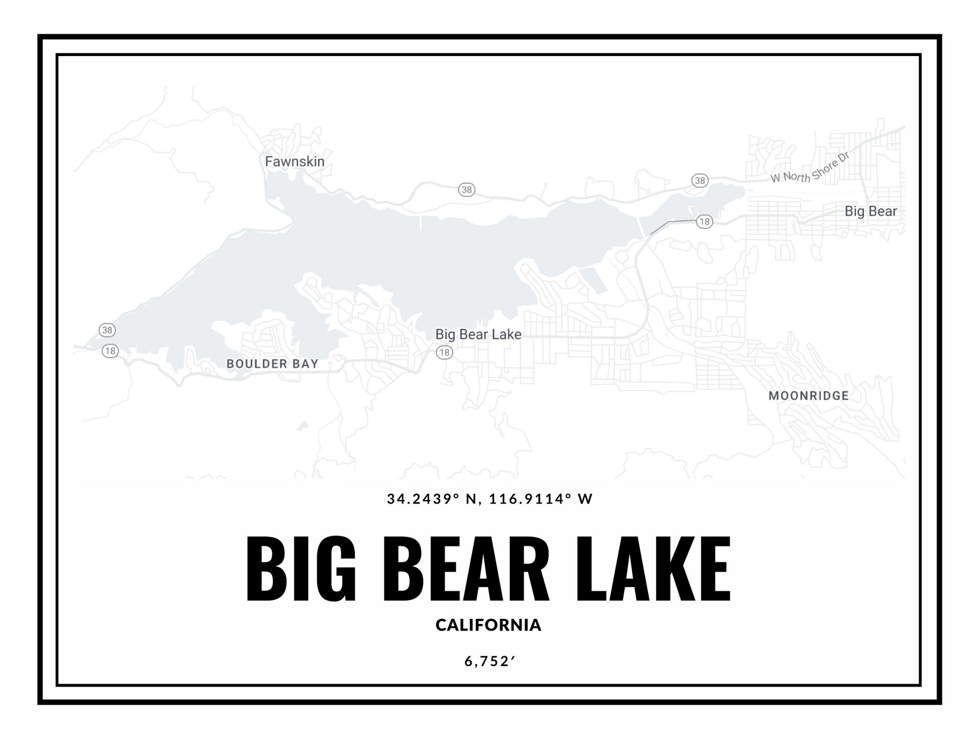 A black and white map of big bear lake in california.