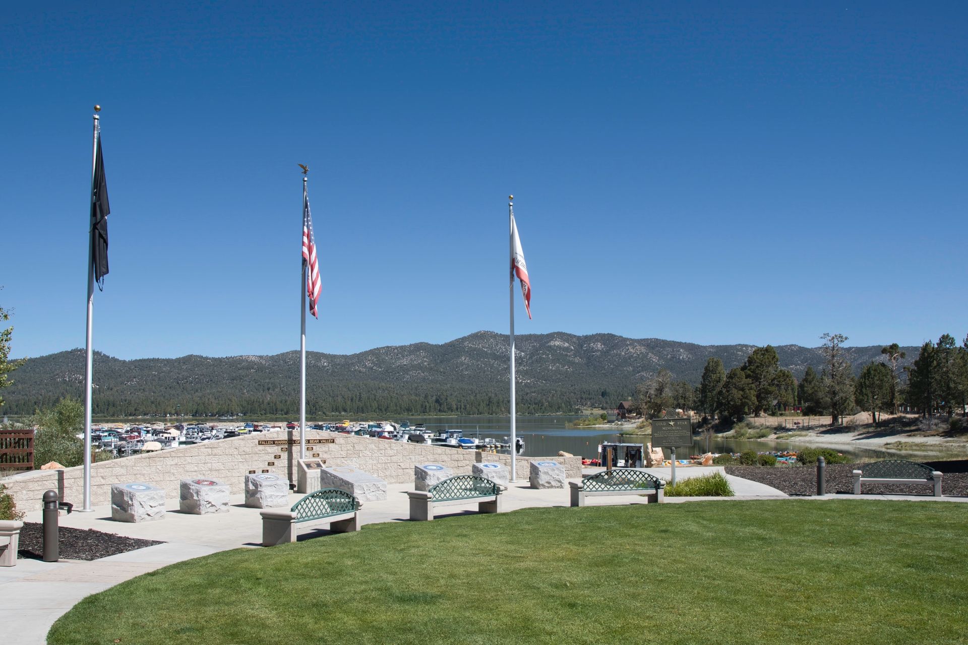 Flags and Benches at Veterans Park in Big Bear Lake