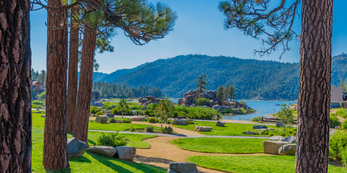 Boulder Bay Park in Big Bear Lake with trees and a path leading to a lake with mountains in the background.