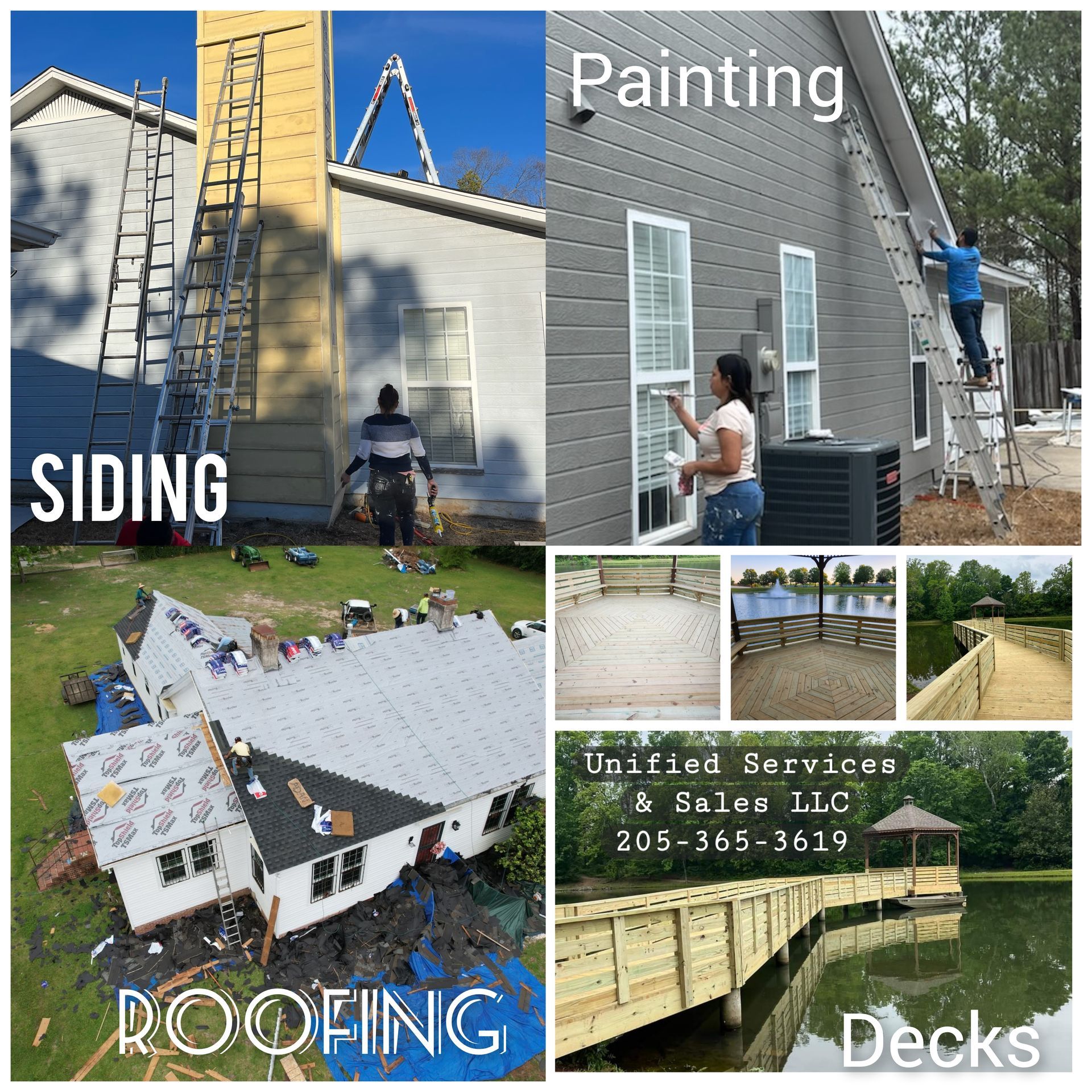 A collage of pictures of a house being painted and roofed.