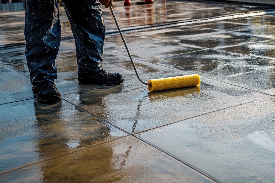 A person in work boots applies a clear coating to a wet, reflective concrete surface with a yellow paint roller.