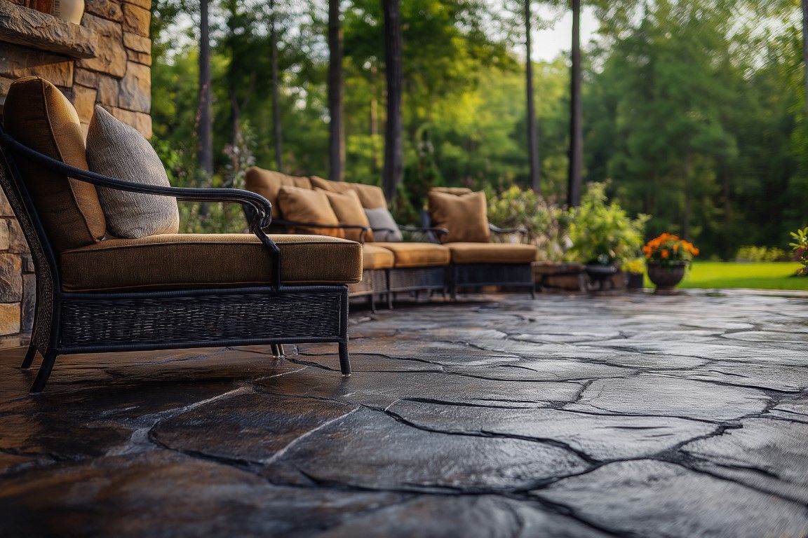 Cozy patio with cushioned wicker chairs and stone flooring, set against lush greenery.