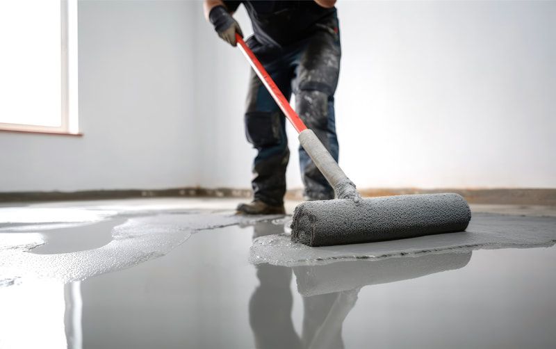 A person applies floor sealant with a roller in a bright room, creating a smooth, glossy surface.