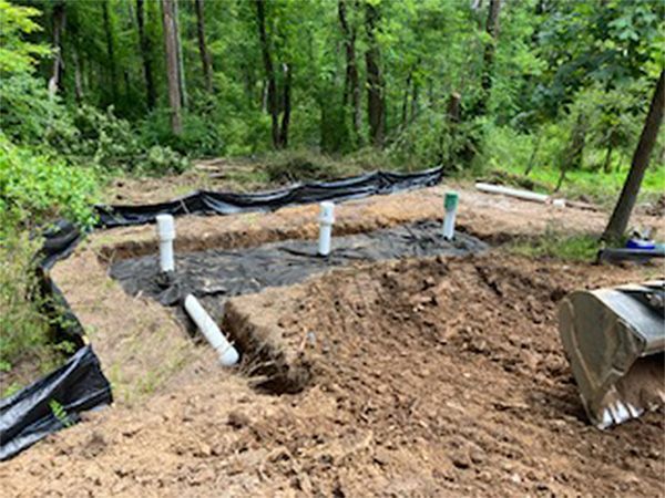 A bulldozer is digging a hole in the dirt in the woods.