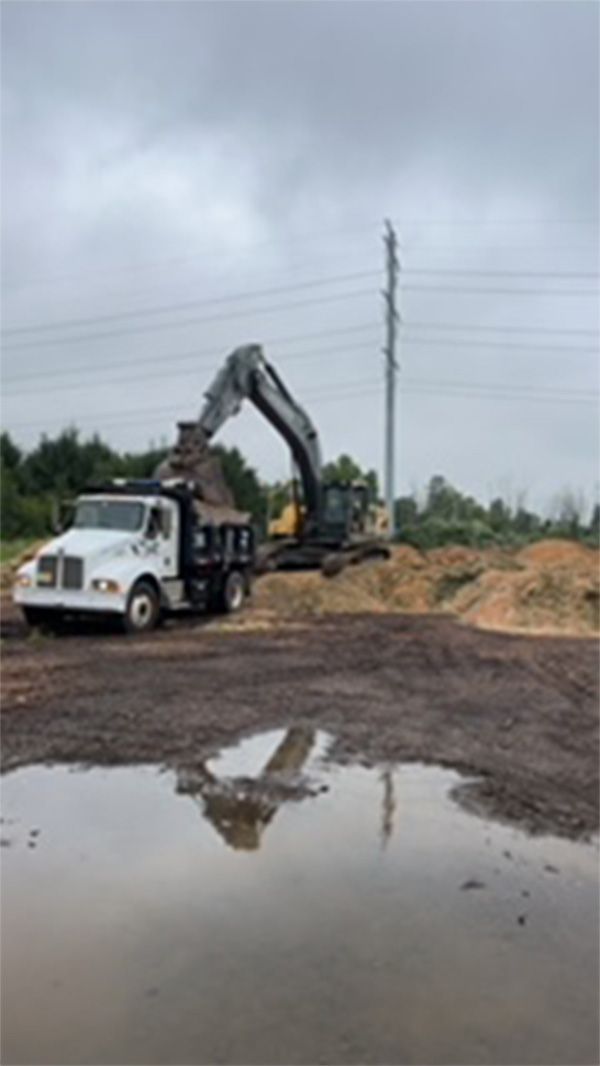 A dump truck is being loaded with dirt by an excavator.