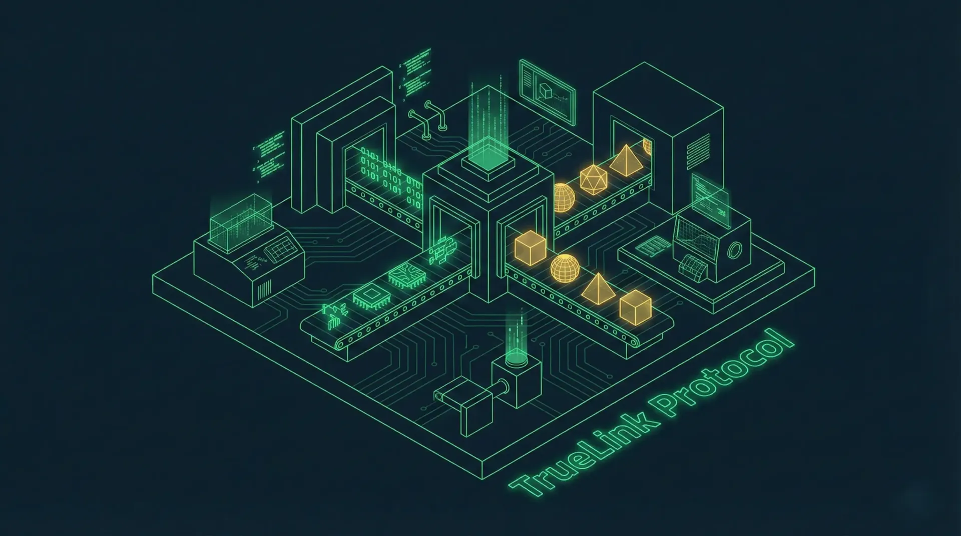 TrueLink 數位資產鑄造工廠藍圖,顯示原始代碼經由 Next.js 輸送帶轉化為金色資產幾何體,深藍色科技背景。