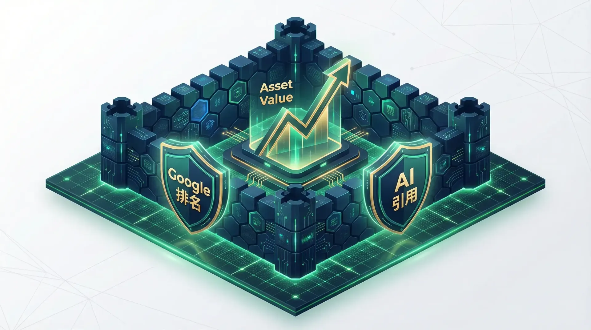 TrueLink 全網域數位資產護城河 誠通數位資產建置服務示意圖:結合 Google 搜尋排名與 AI 引用 (GEO) 的雙重數位護城河,保護企業流量資產