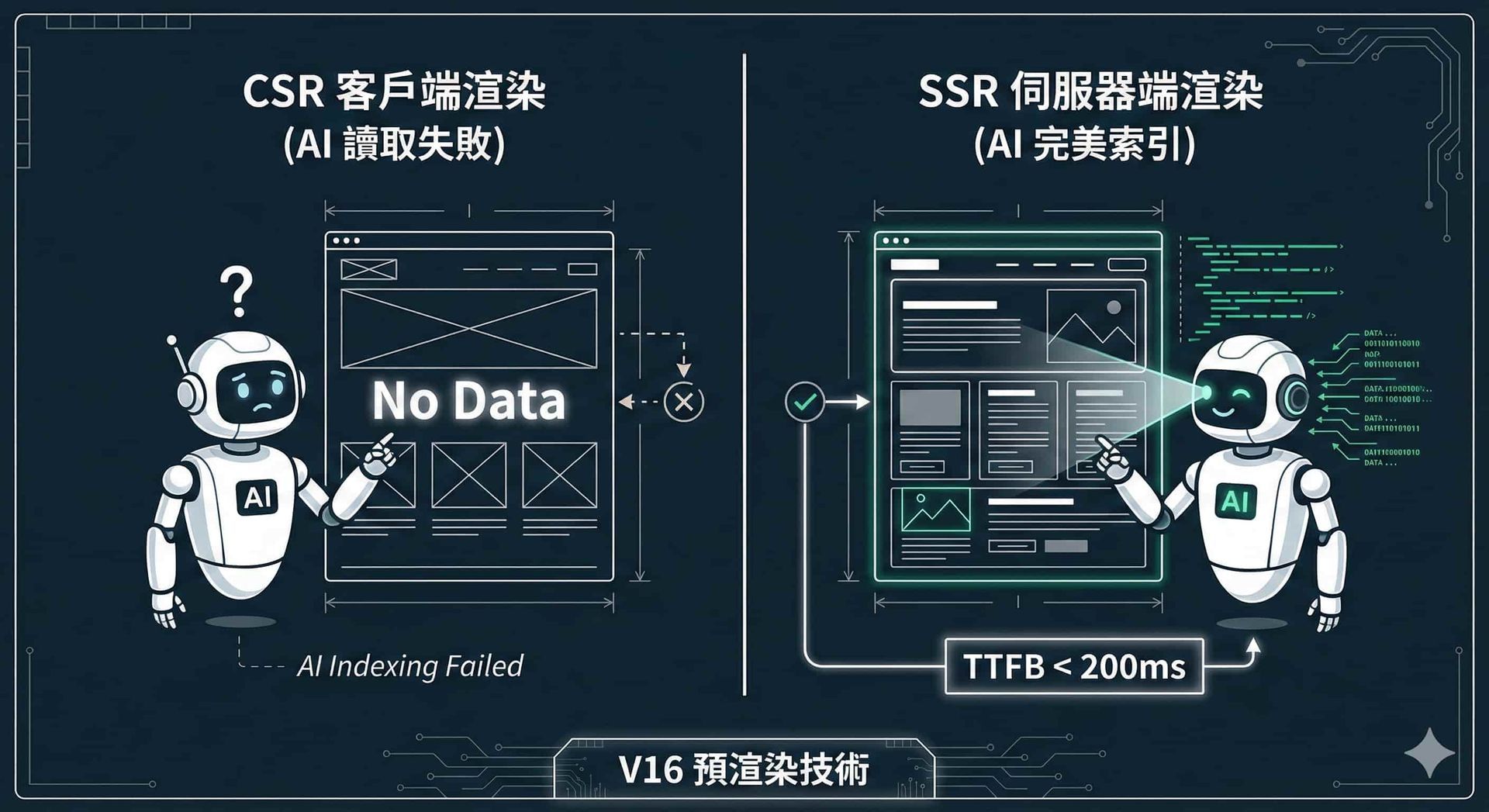 解決 AI 讀取障礙:從 CSR 轉向 SSR 的必要性 客戶端渲染 (CSR) 與伺服器端渲染 (SSR) 對 AI 爬蟲可見性的技術對比圖,顯示 SSR 如何確保網站內容被有效索引。