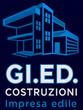 Logo blu con il profilo di un edificio moderno e le lettere 