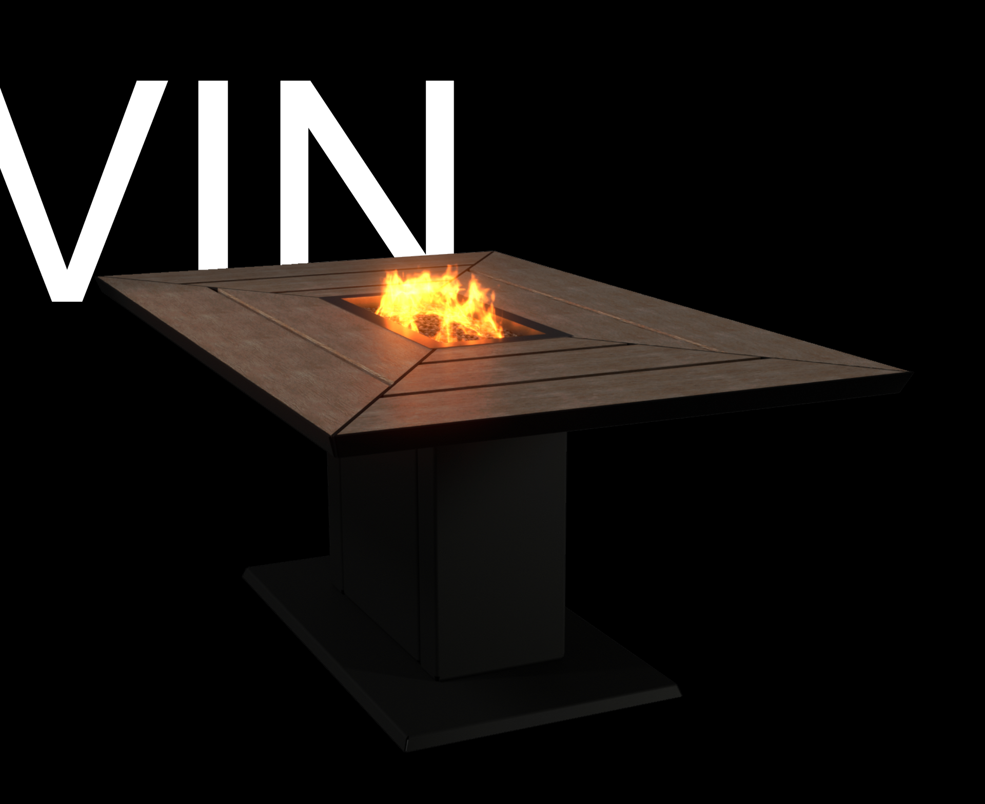 Een houten tafel met in het midden een vuurkorf.