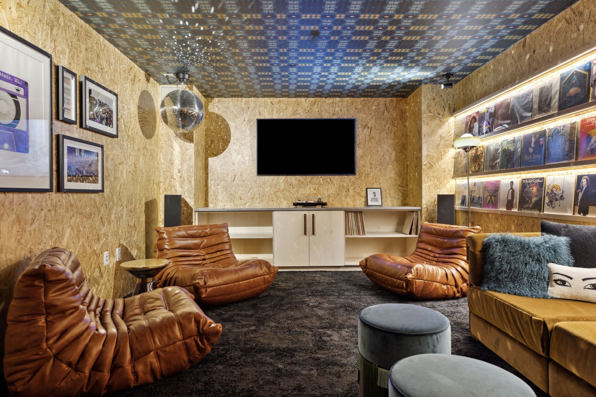 Communal lounge with a TV, vinyl records on shelves, leather seating, and a disco ball at Esox House in St. Paul, MN.
