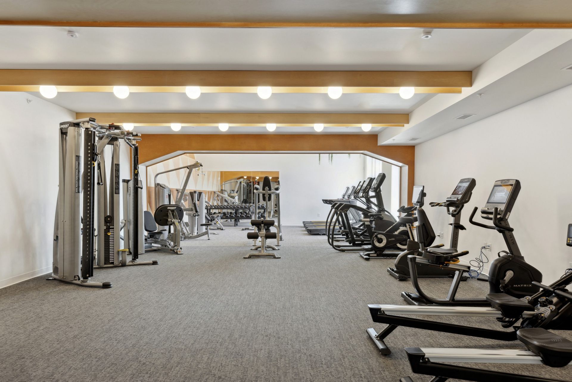 Gym interior with cardio machines and weight equipment at Esox House in St. Paul, MN.