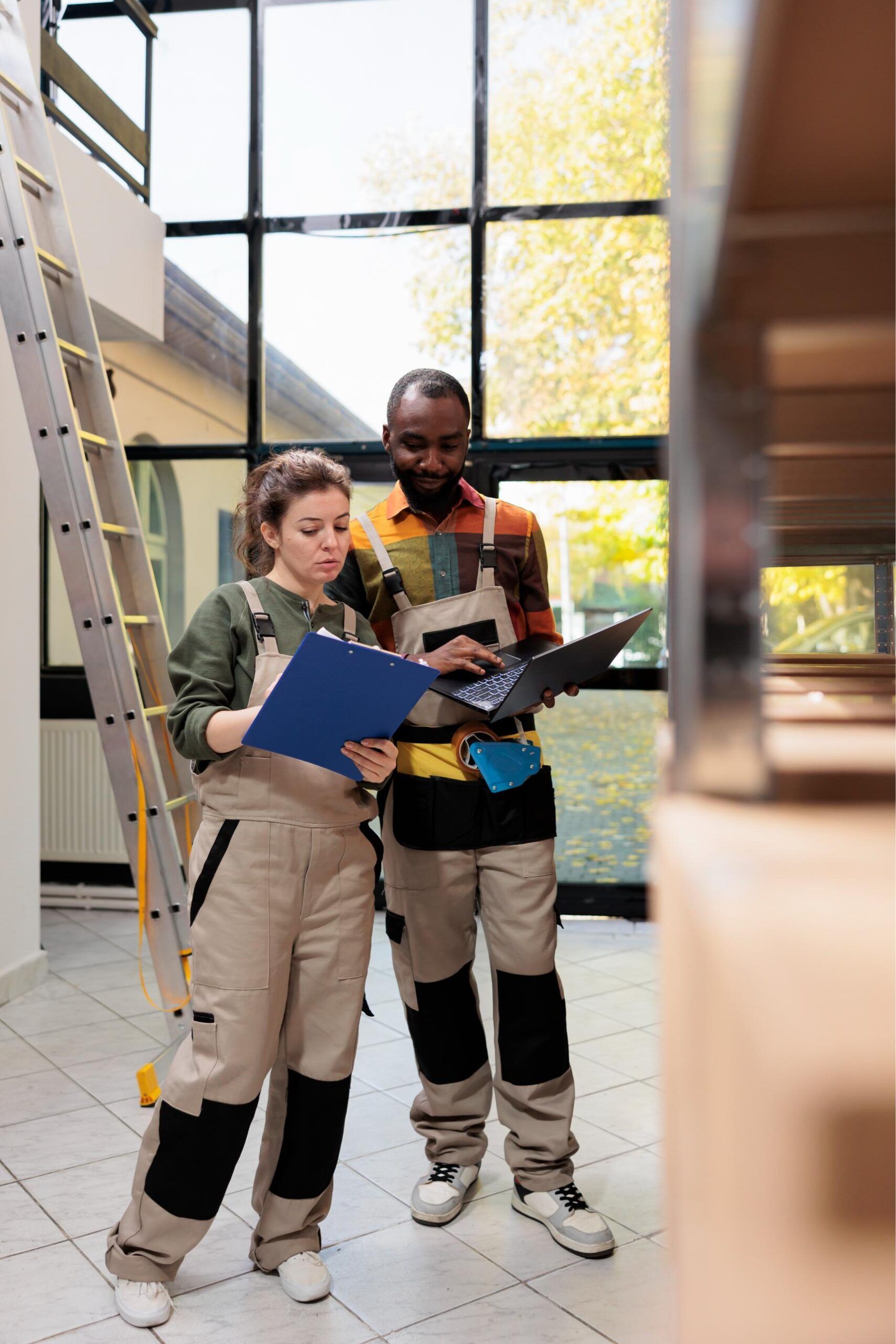 Two people in overalls reviewing papers and a laptop in a room with a ladder and large windows.