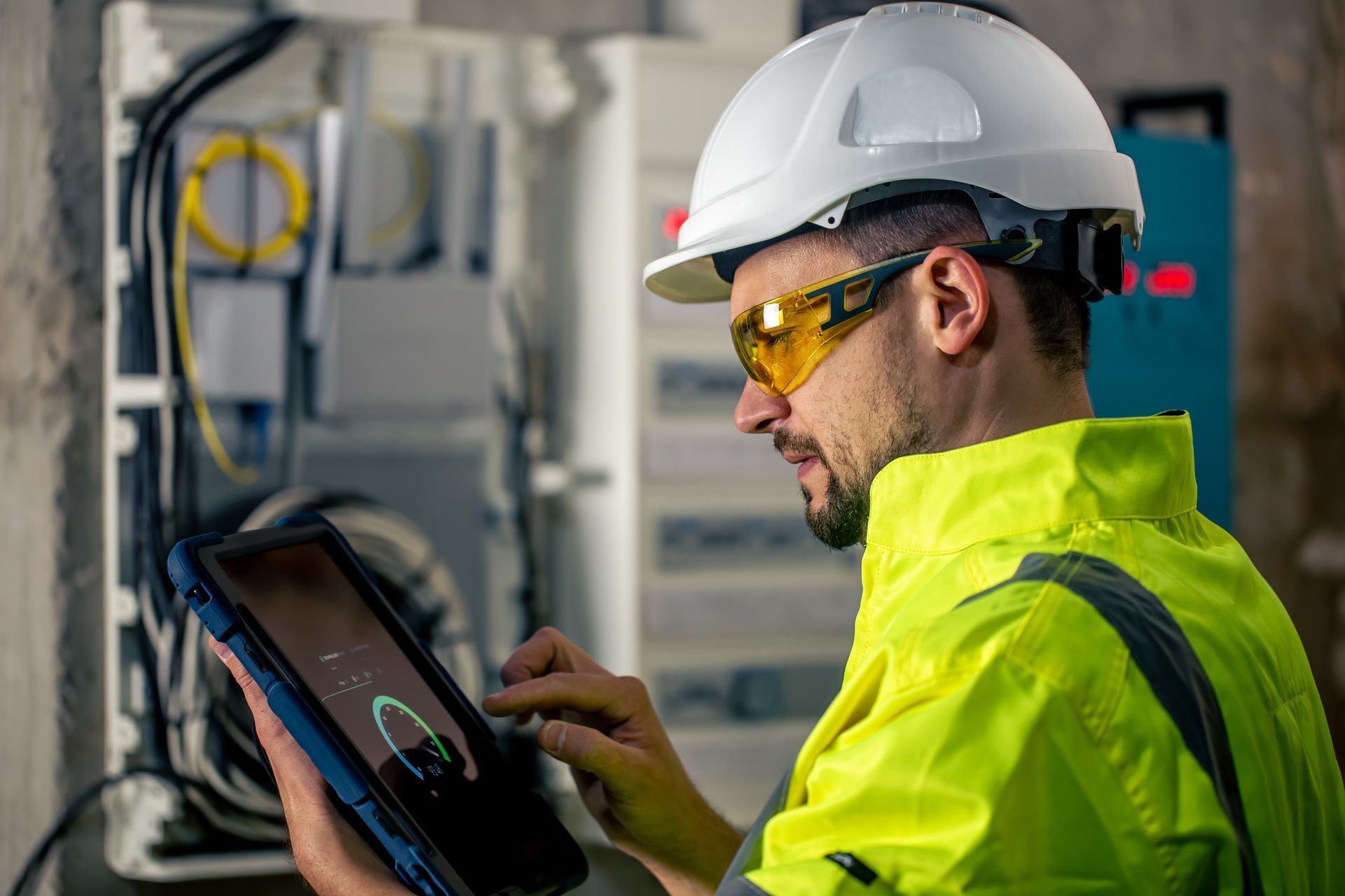 Electrician in hard hat and safety glasses using a tablet, inspecting wiring in an electrical panel.