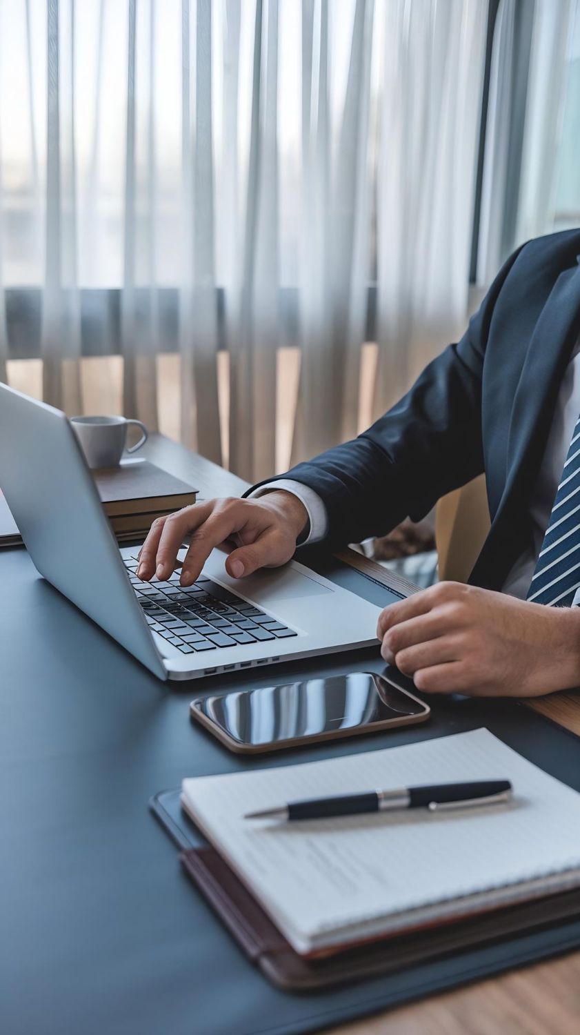 Person in a suit working on a laptop at a desk with a phone, notepad, and coffee cup.