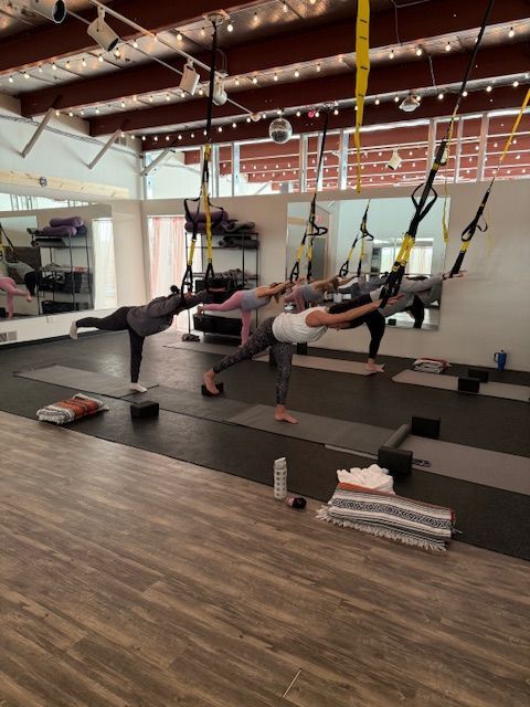 A group of people are doing yoga in a gym
