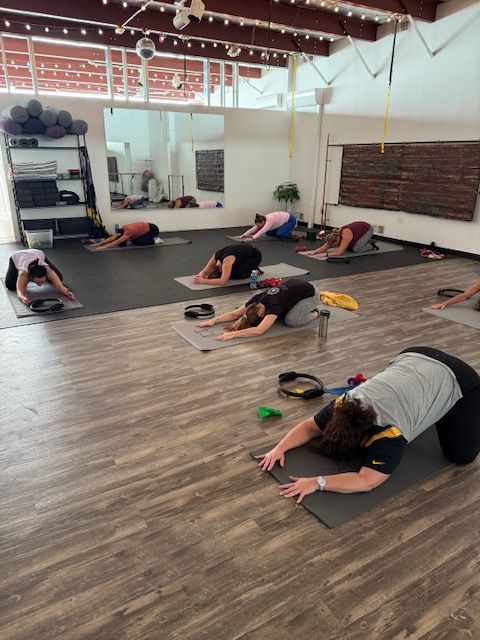 A group of people are doing yoga in a gym