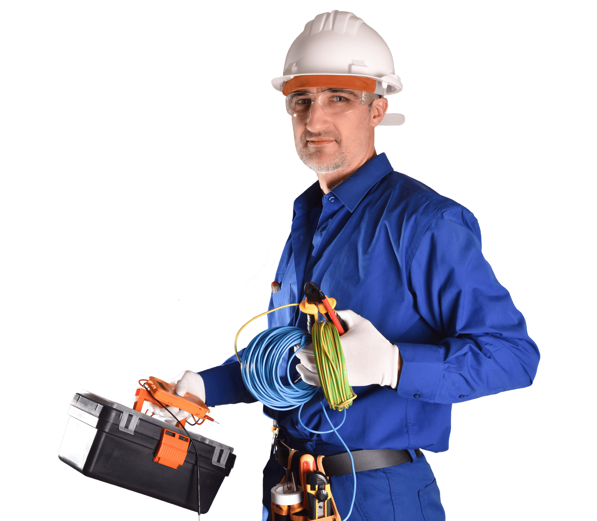 A man wearing a hard hat is holding a toolbox and a bunch of wires.