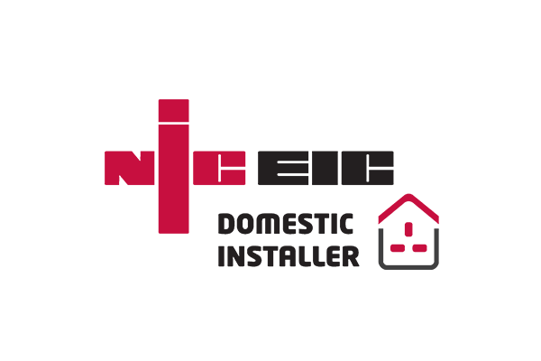 A red and black logo for a domestic installer