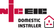 A red and black logo for a domestic installer.