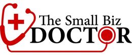 Logo for "The Small Biz Doctor," featuring a stethoscope and a red cross symbol.