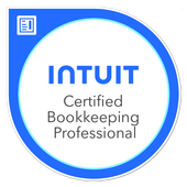 Intuit Certified Bookkeeping Professional badge in blue and white.