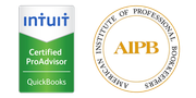 Logos for Intuit Certified ProAdvisor (QuickBooks) and American Institute of Professional Bookkeepers (AIPB).