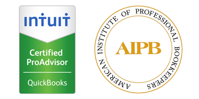 Logos for Intuit Certified ProAdvisor (QuickBooks) and American Institute of Professional Bookkeepers (AIPB).