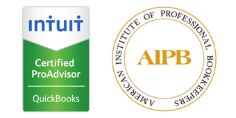 Logos for Intuit Certified ProAdvisor (QuickBooks) and American Institute of Professional Bookkeepers (AIPB).