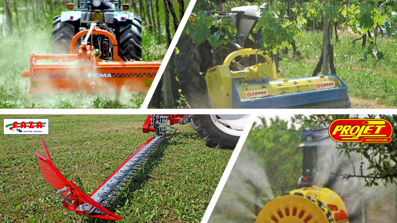 Un collage di tre immagini di un trattore, un tosaerba e uno spruzzatore.